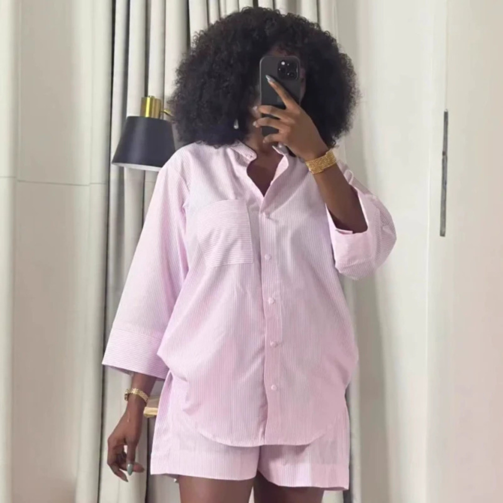 ZARA Pink Striped Lapel Cardigan Blouse Shorts Set African Plus Size Women